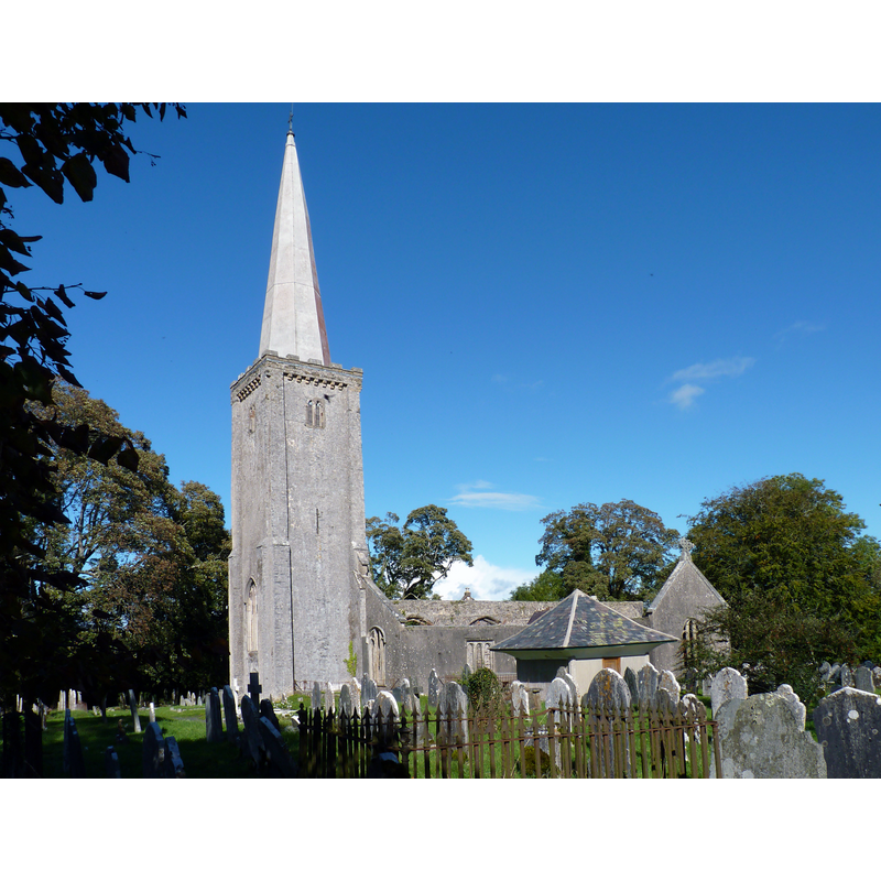 Source caption: "The ruin of Holy Trinity church, Buckfast. This church was destroyed following an arson attack in 1992. The tower was subsequently restored."