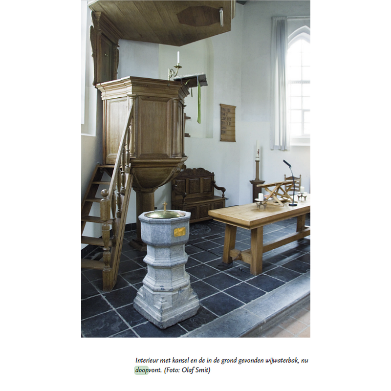 the former stoup now restored and serving as baptismal font next to the pulpit, a location used often in Dutch Reformed churches