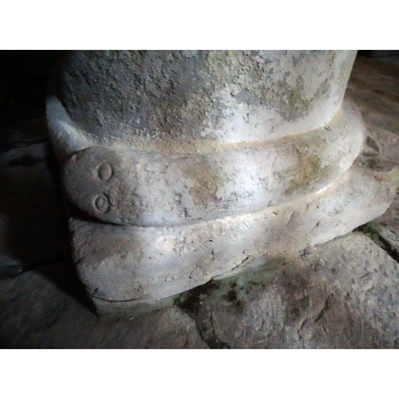 the body of the snake wraps around the pedestal base