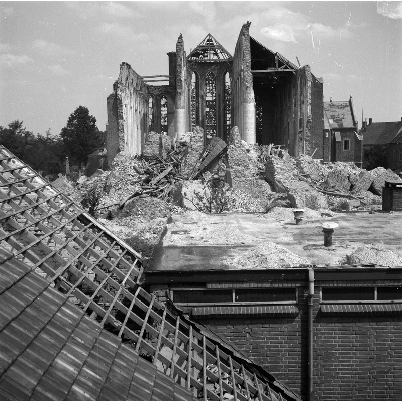 the church in ruins after the German army blew up the tower in 1944