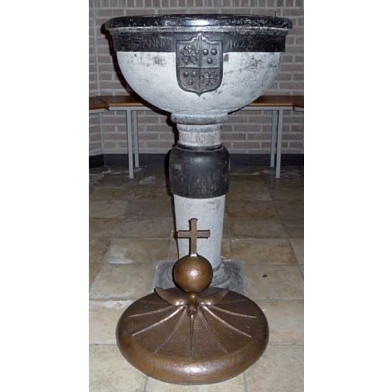 Source caption: "Vanaf 1558 hadden de Huyns van Sint-Jansgeleen een gevierendeeld wapen met een achtkoppig van zilver op rood (eerste en vierde kwartier) en drie rode bollen op een veld van zilver (tweede en derde kwartier)."
