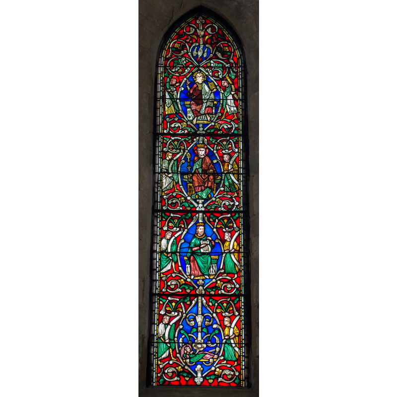 Source caption: "Stained glass from around 1250. The top half is original, the lower half imitation using old glass."
