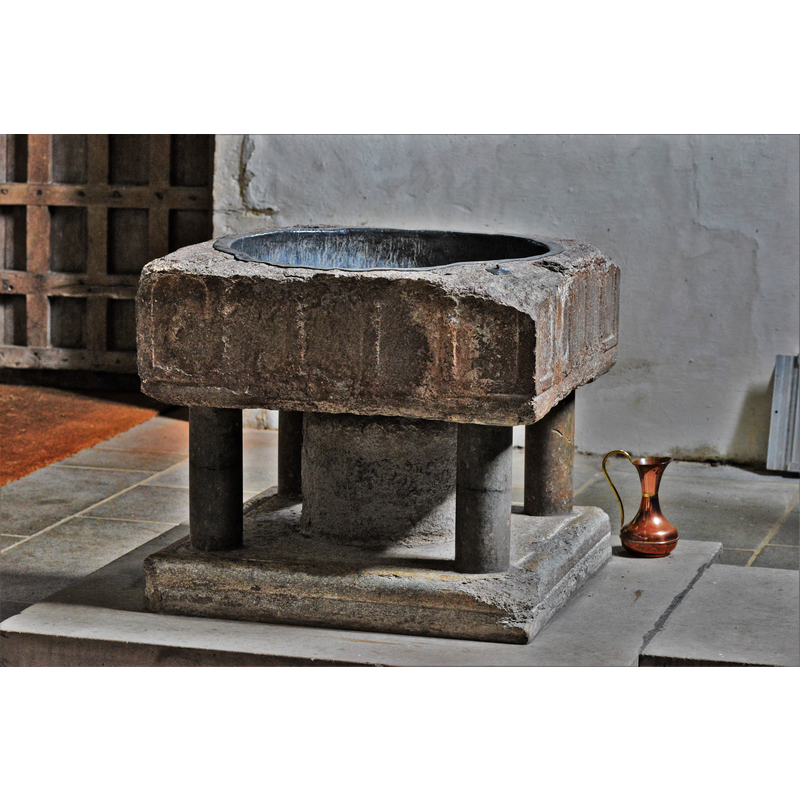 Source caption: "Westwell, St. Mary's Church: c12th font with modern supports 1"