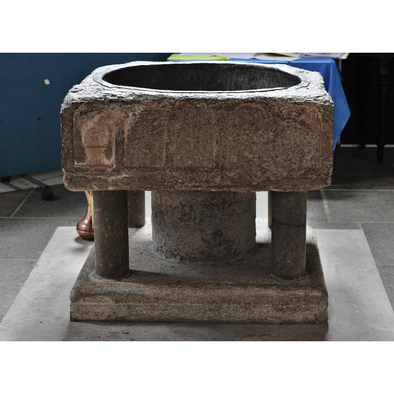 Source caption: "Westwell, St. Mary's Church: c12th font with modern supports 2"