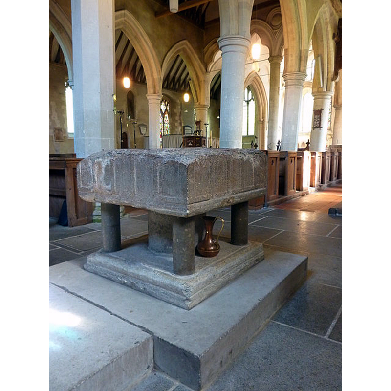 Source caption: "Church of St. Mary the Virgin, Westwell. The 13th century font is of Purbeck marble and was recovered from a farmyard."