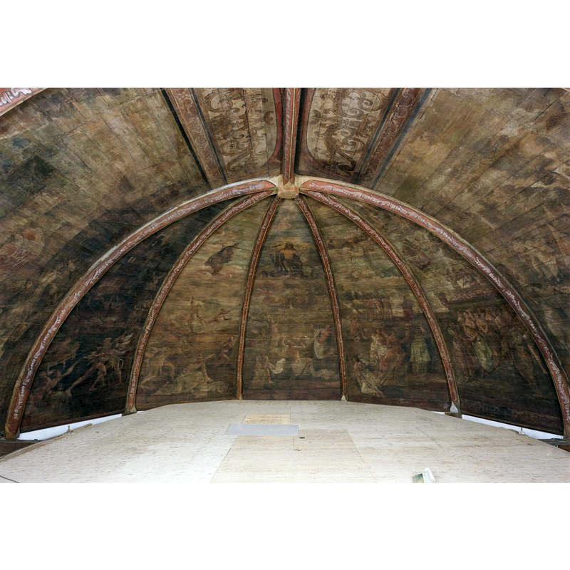 Source caption; "Nederlands Hervormde Kerk: Interieur koor, gewelfschilderingen, overzicht vak 1 t/m 5 met gedeelte van vak 6 en 7, na restauratie"