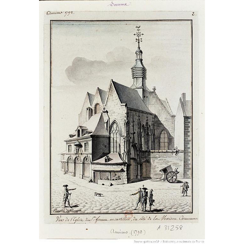Source caption: "Ancienne église paroissiale et cimetière Saint-Firmin-en-Castillon d'Amiens (détruits) - Amiens. Vue de l'Eglise de St firmin en castillon, du côté de la Maison Commune, Limozin(BNF ; Ve-26i-Fol. Coll. Destailleur Province, t. 4 , n. 1114)."