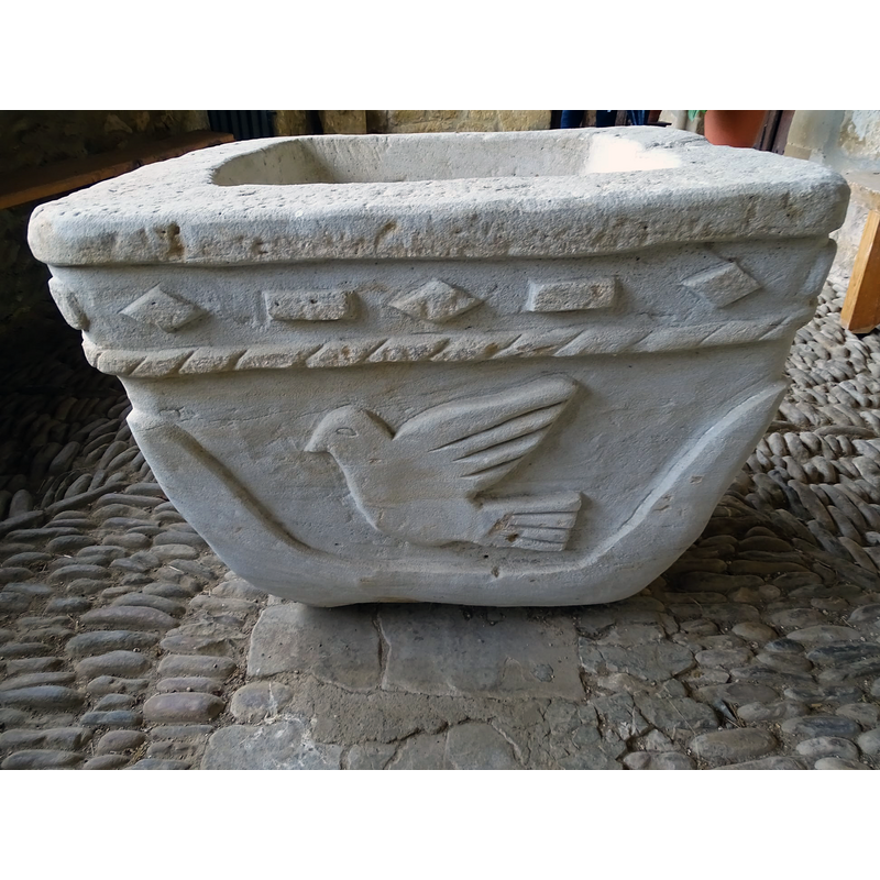 the newly re-carved font, still in the porch in 2021