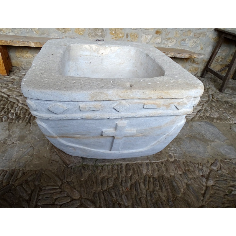 the newly re-carved font, still in the porch in 2021