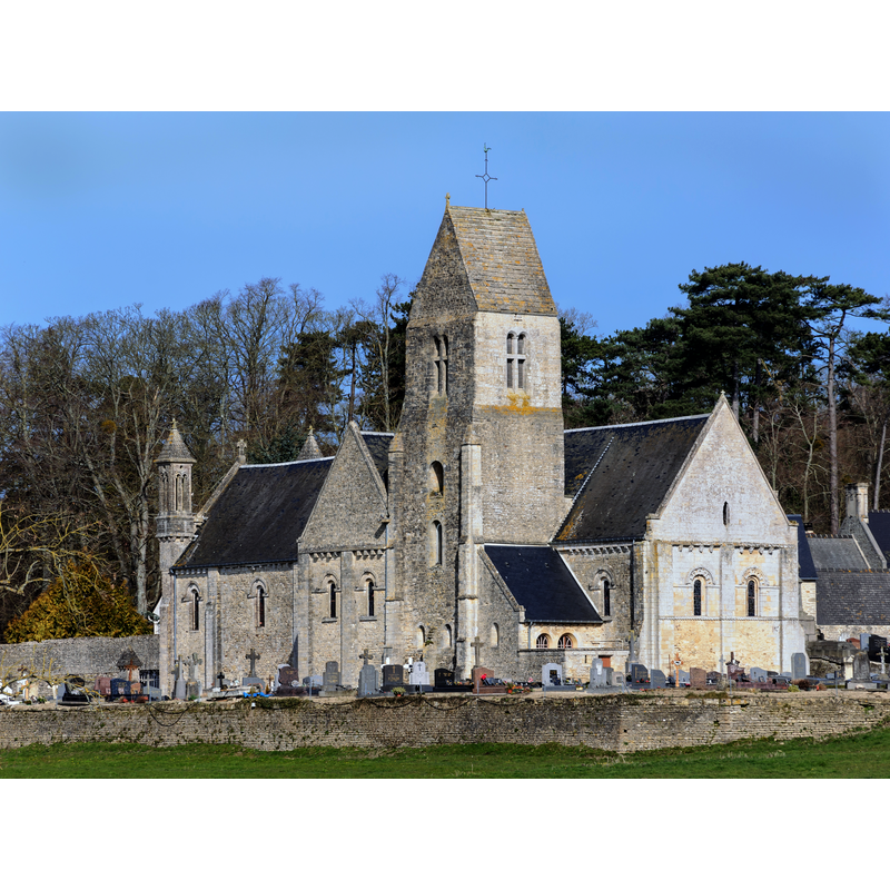 Source caption: "Église Saint-Aubin de Vaux-sur-Aure (Calvados, Basse-Normandie, France)." -- original 12thC church totally re-built mid-19thC