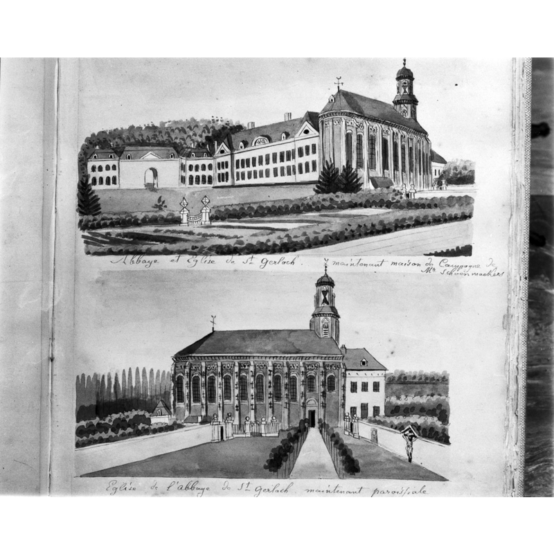 Source caption: "Rooms-Katholieke Kerk: en Abdij reproductie naar tekening van J. van Gulpen" -- the abbey complex and its church, now a parish church
