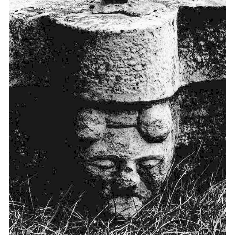 the bulges on the forehead have been interpreted by some as devil's horns, but they are more likely an ornamental part of the head-dress