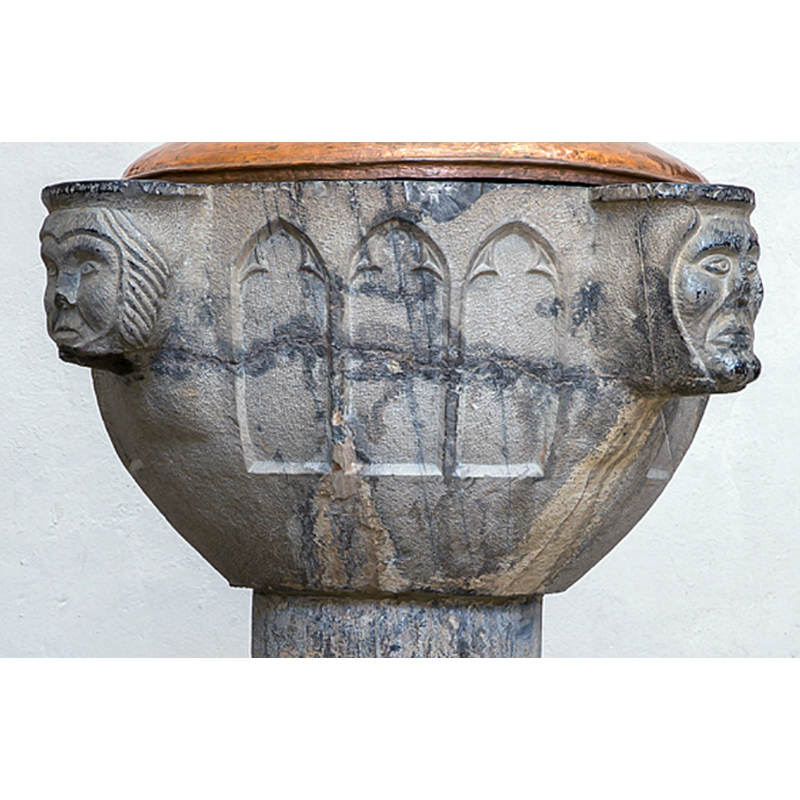 on the sides of the basin, between the heads