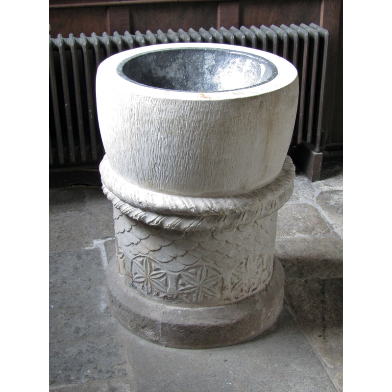 Source caption: "Drewsteignton - Font. Inside the parish church, Holy Trinity."