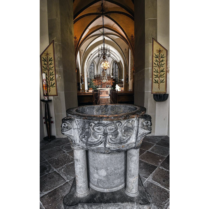 the basin of this font was dug up in 1965 from under the floor of the present church [cf. FontNotes]