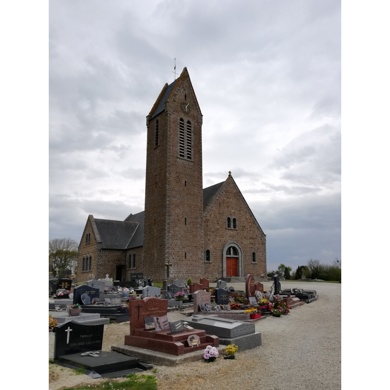Source caption: "Millières, Manche" -- the earlier church was destroyed in WWII; re-built 1959-1961