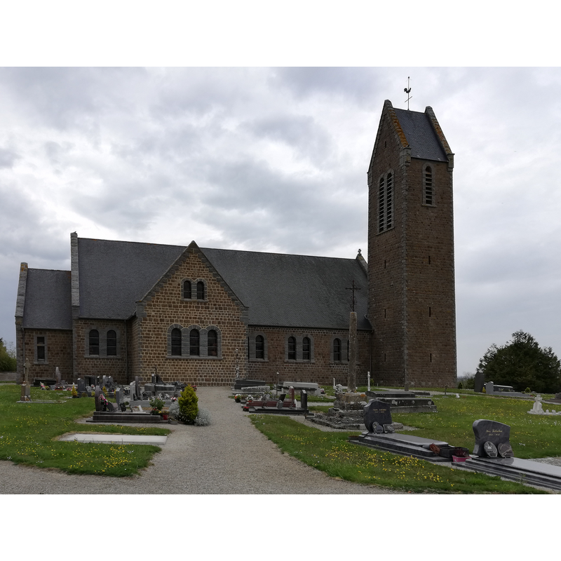 Source caption: "Millières (Manche)" -- the earlier church was destroyed in WWII; re-built 1959-1961
