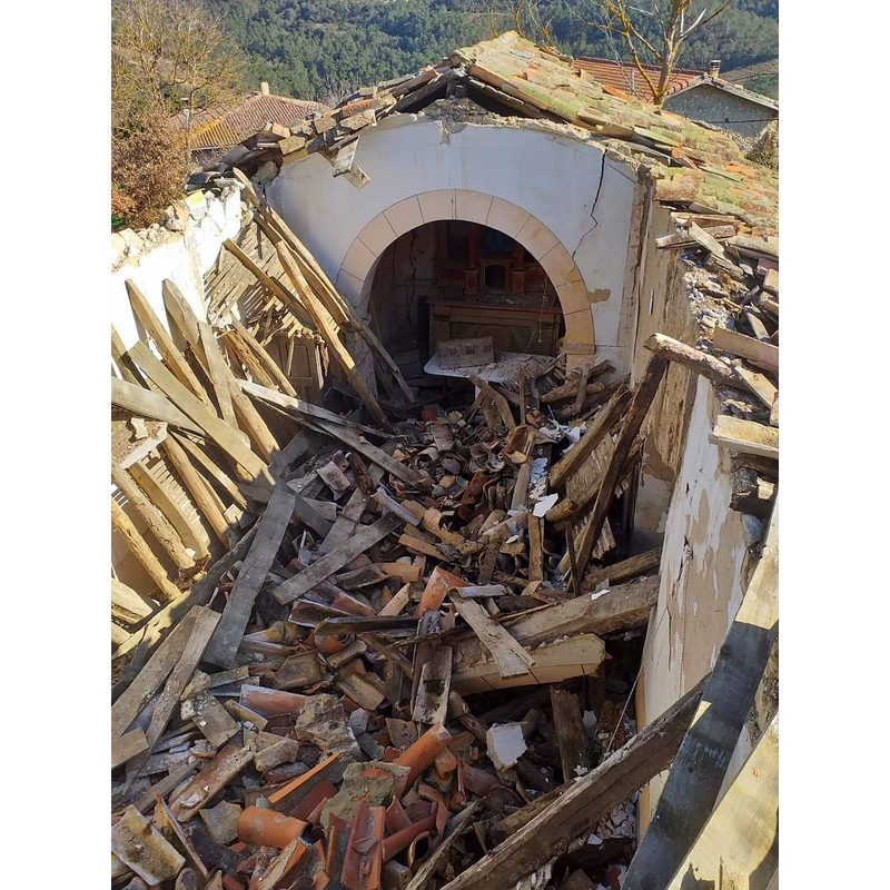 the church in February 2022 -- the chancel still stands and retains its roof, but the main roof has collapsed since 2017