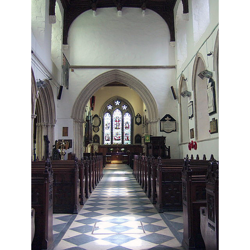 Source caption: "St Mary's church nave. The interior of the church is very early and very fine, thought to be inspired by Wells Cathedral. The nave and chancel arcade are C13 originally, with C16 clerestory. The East window, by Kempe, 1893, depicts six scenes from the life of Christ. A variety of impressive monuments can be seen here too."