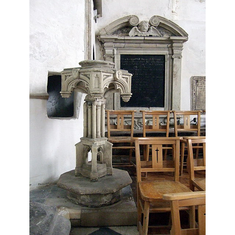 Source caption: "Stoup and confessional, St Mary's church. Free-standing stoup, Perpendicular period, beside the head of the pilgrim's tomb. Behind it can be seen a recess in the wall which may have been a confessional."