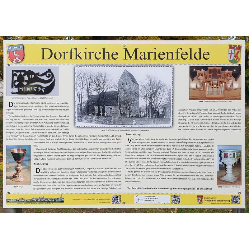 Source caption; "Gedenktafel, Dorfkirche Marienfelde, Alt-Marienfelde, Berlin-Marienfelde, Deutschland"