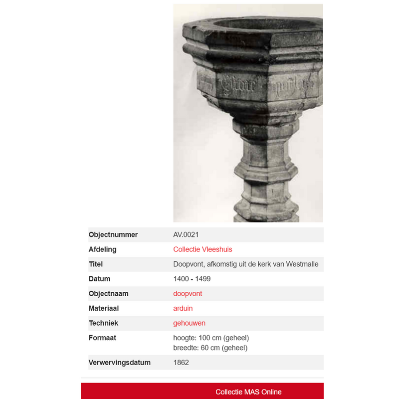 Source caption: "Doopvont, afkomstig uit de kerk van Westmalle"