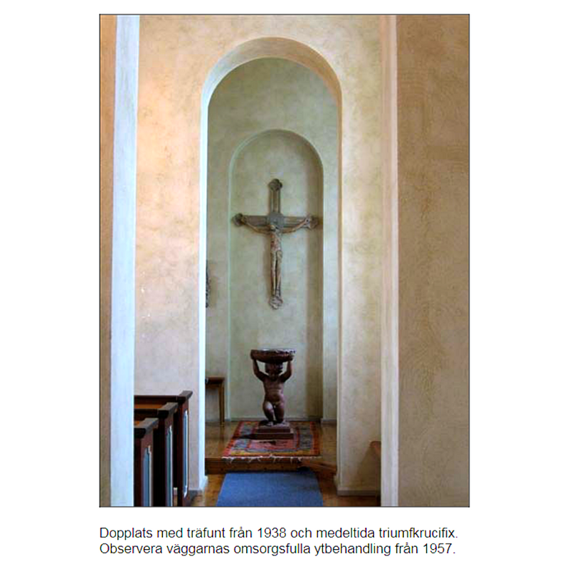 the 1938 baptismal font by Theodor Karlsson, of Virserum, in side the modern church