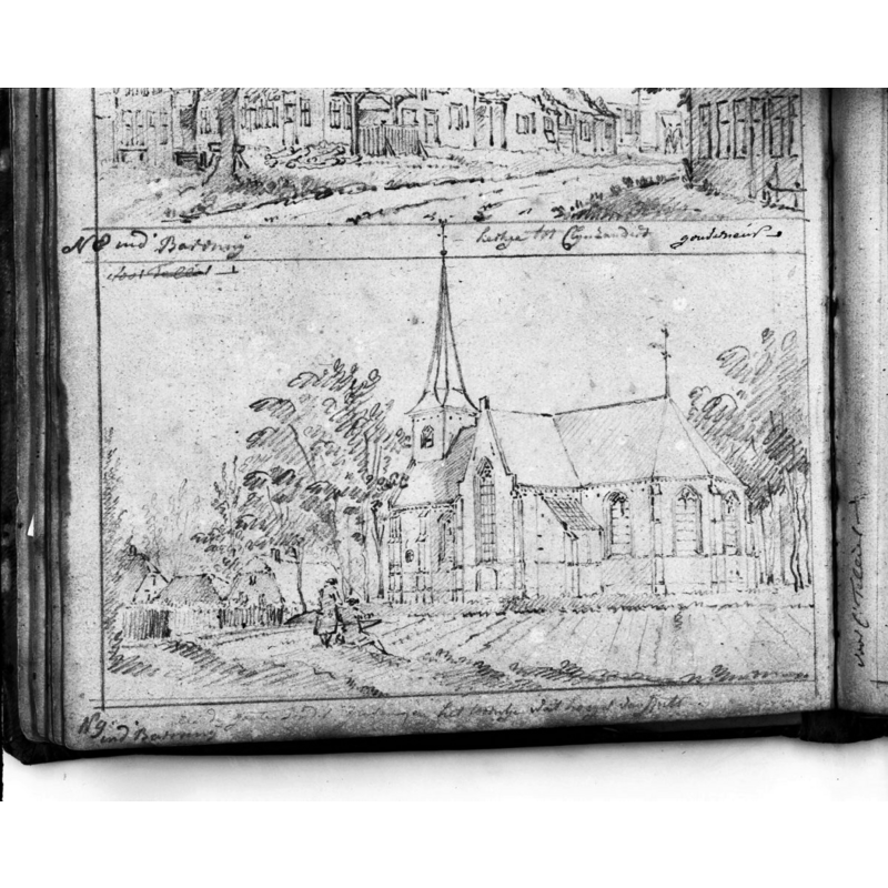 Source caption: "Sint Willibrorduskerk: tekening van de kerk, reproduktie uit schetsboek Dirk Verrijk" [NB: the old church was demolished in 1909]