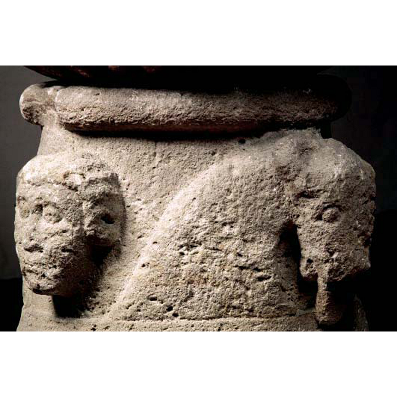 human on the left, animal, with part of the upper body, on the right