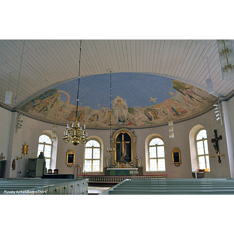 Source caption: "Målningar i korvalvet är av Waldemar Lorentzon, Halmstadsgruppen. År 1951" -- the top of the medieval font is visible in the right corner of the image, to the left of the large crucifix
