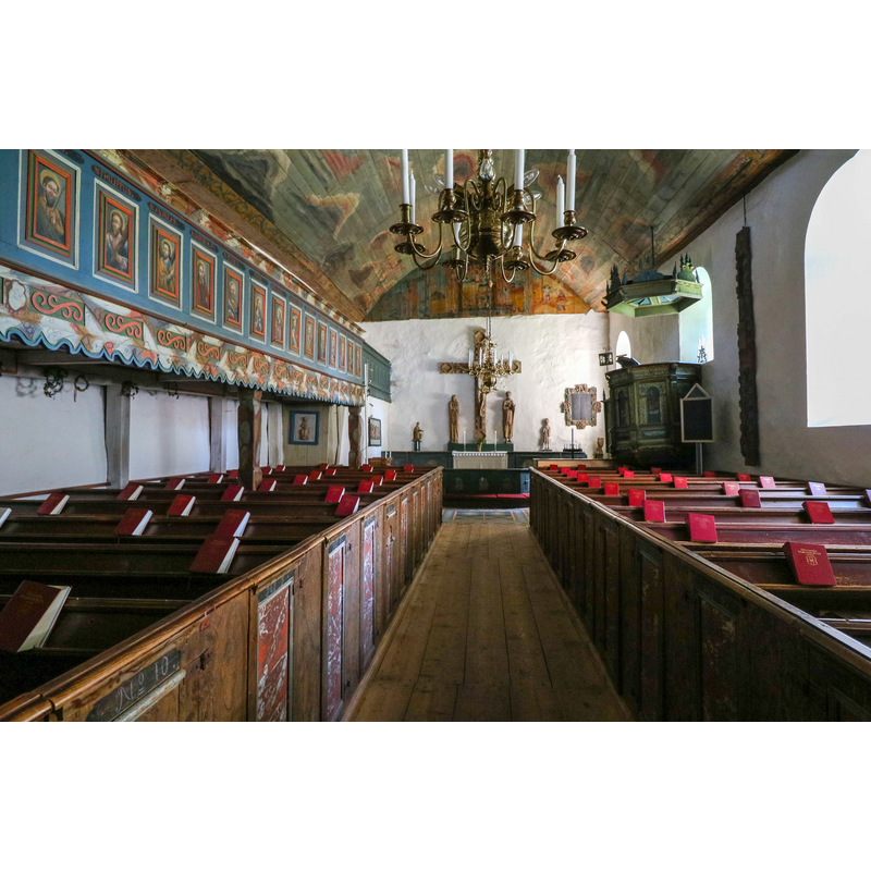 Source caption: "Sjösås gamla kyrka. Interiör mot öster."