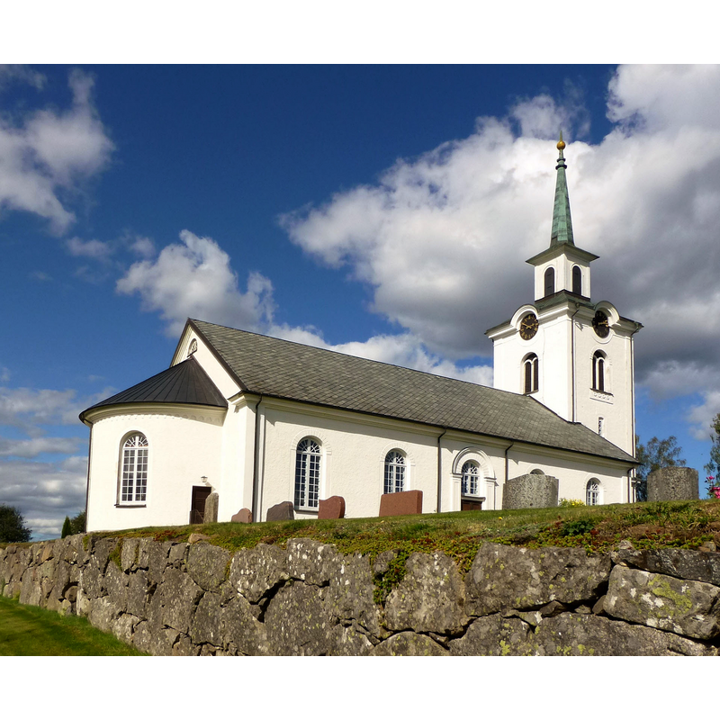 Source caption: "Sjösås nya kyrka. Carl-Gustaf Blom-Carlsson utarbetade 1851 ett ritningsförslag till en kyrkobyggnad empirestil. 1865 var kyrkan färdig.Den första gudstjänsten hölls den 13 augusti samma år medan invigningen förättades den 10 september av biskop Henrik Gustaf Hultman."