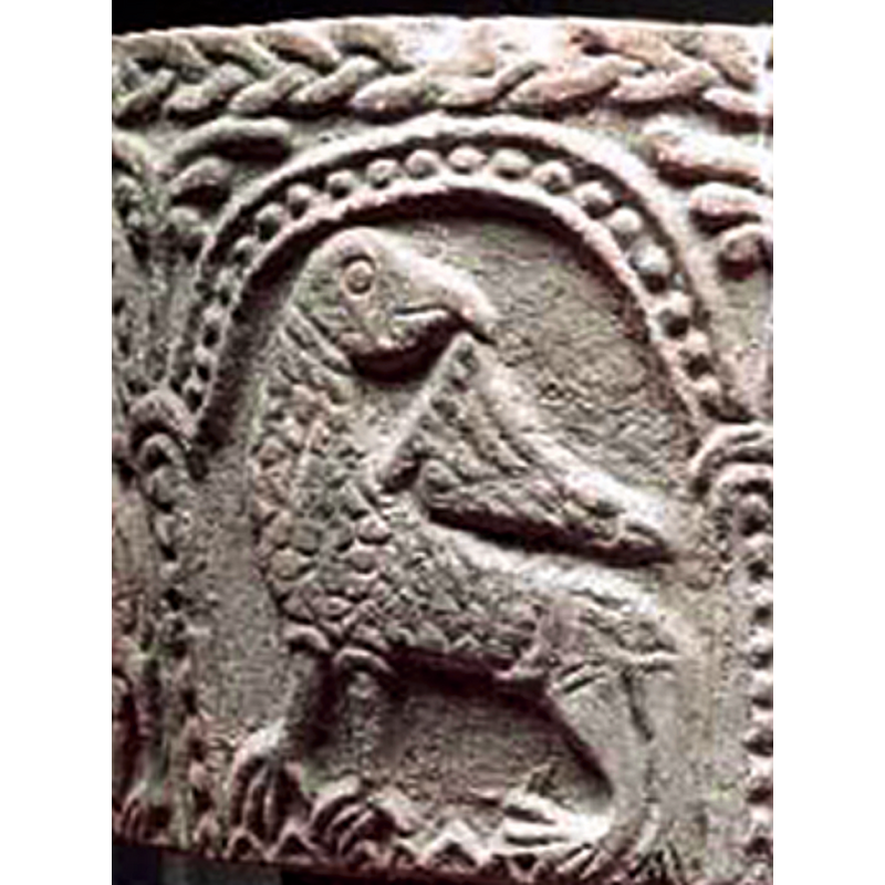passant to the left; the closest similarity in the Cambridge bestiary is probably the hercynia; it wss supposed to have glow-in-the-dark plumage and to originate in dark wooded areas of Germany