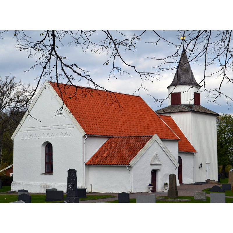 Source caption: "Torpa kyrka, Varbergs kommun."  [NB: the tower was built at the east end of the church]