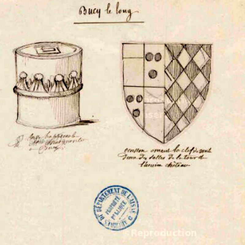 Source caption: "Bucy le long/ Cuve baptismale de Ste marguerite/a Bucy/ecusson ornant la clef de voute/d'une des salles de la tour/de l'ancien château"]