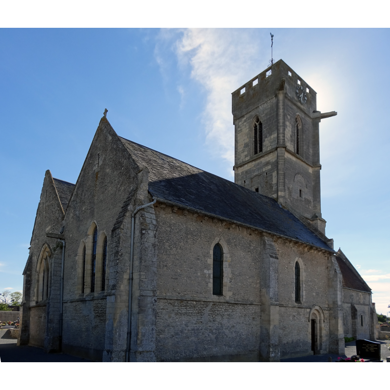 Source caption: " Double chevet, façade nord et tour de l'église St Vigor de Colleville-Montgomery vus du nord-est"