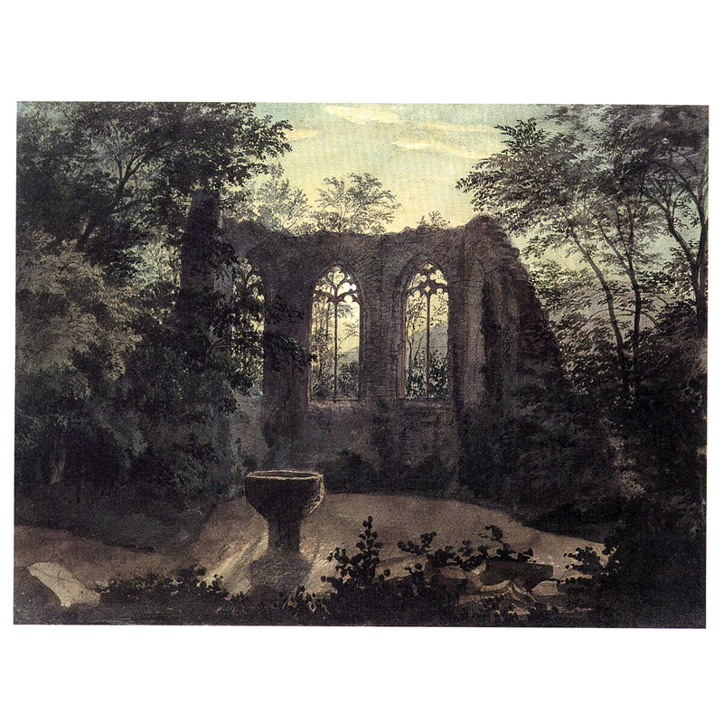 Source caption: "Ansicht der Ruine Heiligenberg bei Jugenheim in nächtlicher Beleuchtung, nach 1836“, in: Historische Ortsansichten <https://www.lagis-hessen.de/de/subjects/idrec/sn/oa/id/3171> (Stand: 10.4.2007)"
