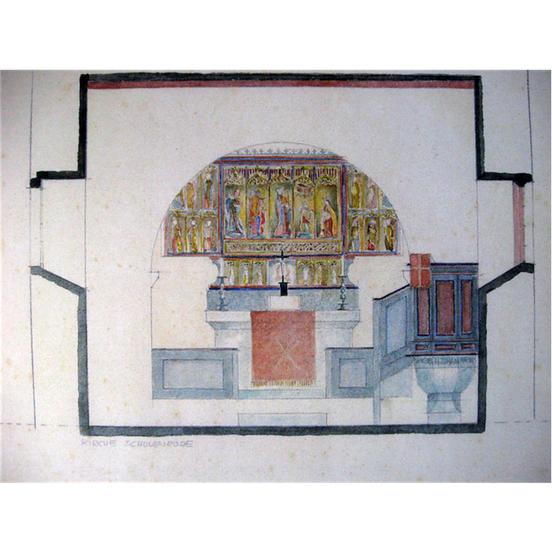 showing the 1658 baptismal font being used as the base of the wooden pulpit