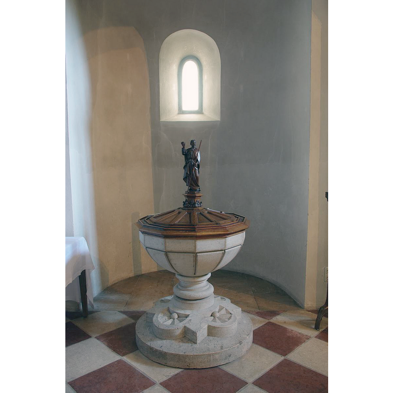 Source caption: "Kath. Pfarrkirche St. Nikolaus " -- the 19thC font