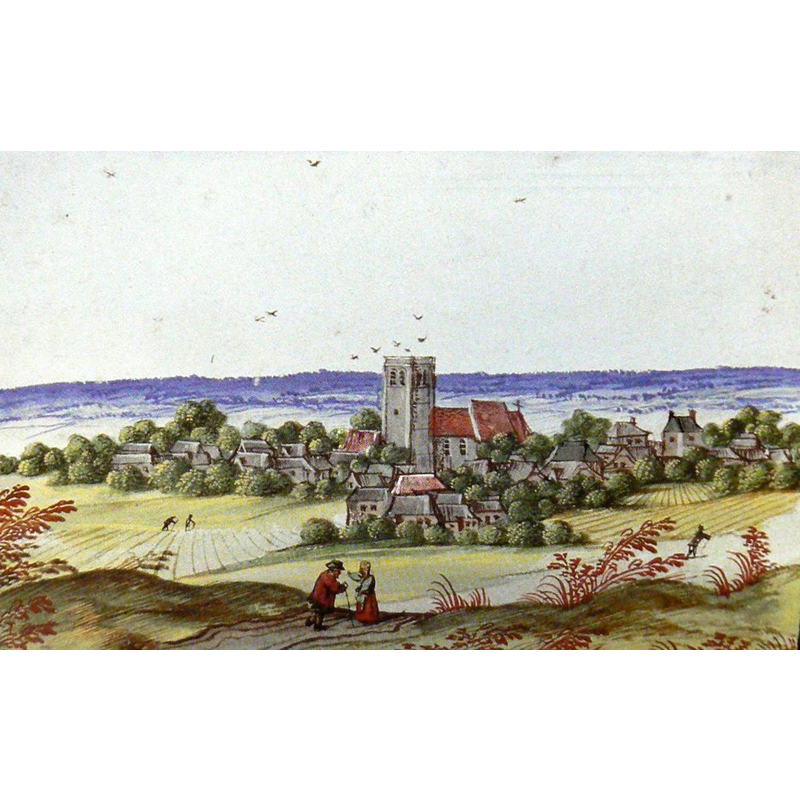 Source caption: "Présente dans l'Album de Croÿ XVI, l'église d'Hamelincourt et son clocher « fortifié » domine un vaste plateau. Sur la gravure on aperçoit deux passants couverts de riches vêtements qui se rencontrent sur le chemin de Courcelles à Croisilles en surplomb, deux autres plus courbés sous l'effort, en tenue de travail sur le chemin de Moyenneville. A droite les toits de la ferme de l'abbaye et les cheminées du château. Au premier plan, serait-ce le hameau de Lamisol ?"