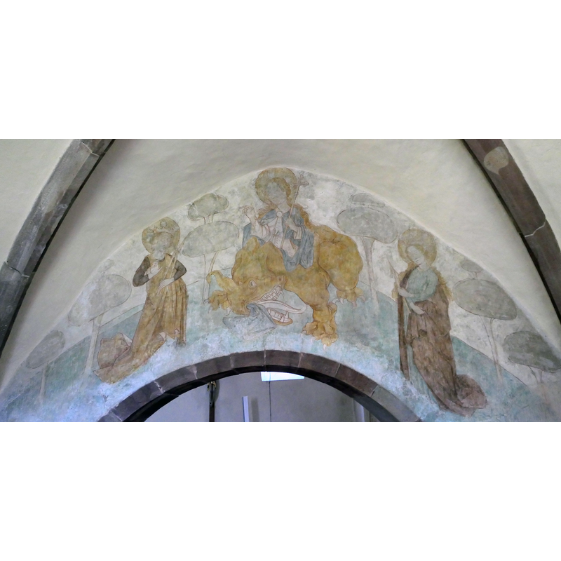 Source caption: "Remigiuskirche (Nagold) Taufkapelle Fresko der drei heiligen Frauen Appolonia, Margarethe und Ursula an der Eingangswand der Taufkirche um 1500 gemalt"