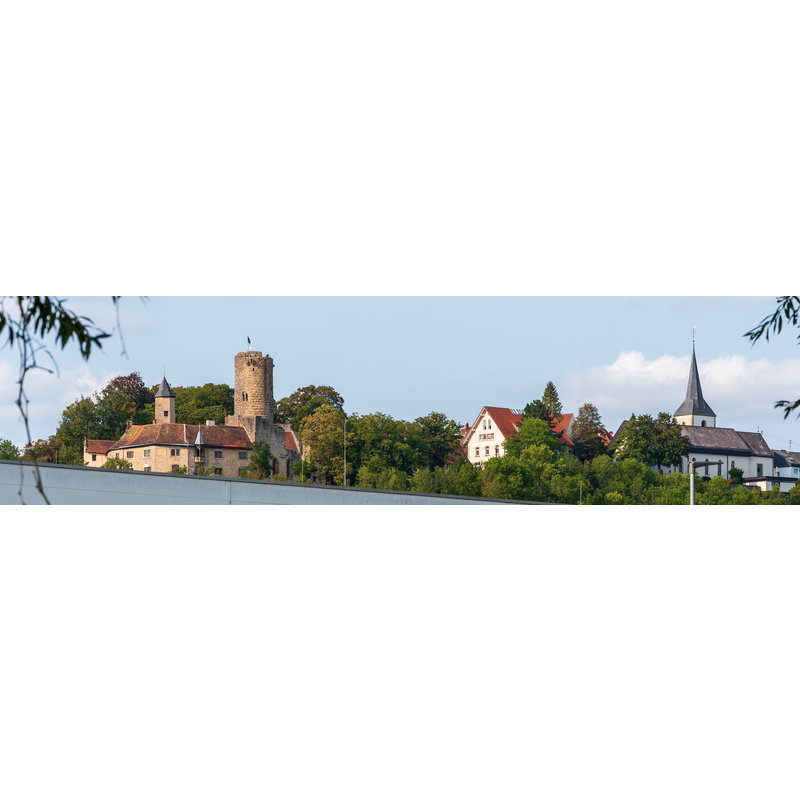 Source caption: "Burg Krautheim und St. Marien von Altkrautheim gesehen." -- the church seen here in the right