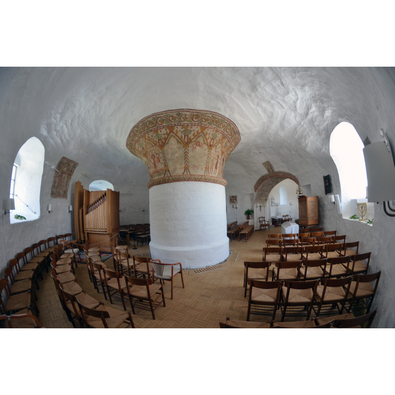 Source caption; "Bornholm - Ny Kirke - Indoor panorama view. (Image has been made with Fish-eye lense)"