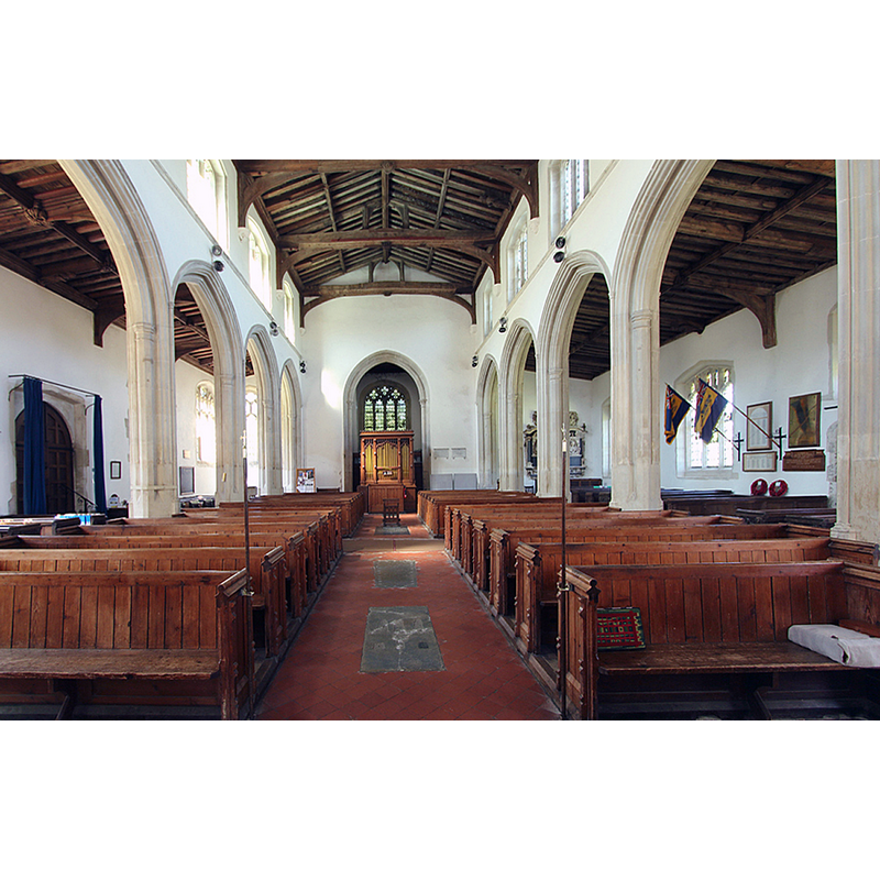 Source caption: "St Mary & St Clement, Clavering - West end" -- the font is partially discernible at the west end of the south aisle