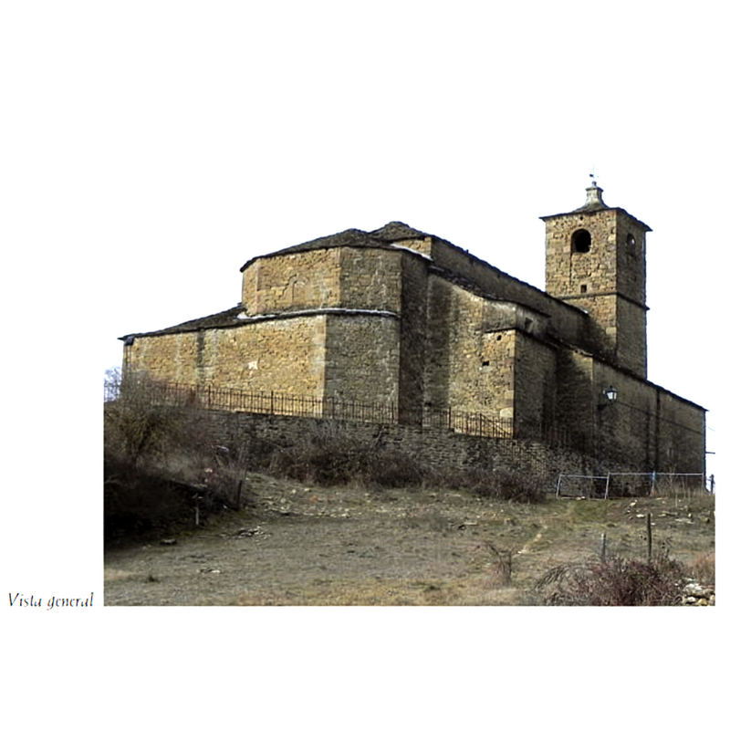 Source caption: "templo moderno muy transformado a lo largo de los siglos. Tan sólo conserva de época románica un crismón, de mediados del siglo xii, incrustado en su moderna torre, la pila bautismal y la talla de la Virgen del Camino, procedente de la citada ermita de la localidad".