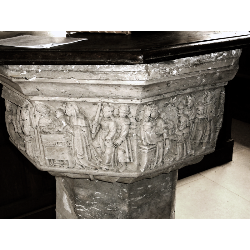 seen here on the left panel; the officiating cleric at the altar(?) appears to be wearing a bishop's mitre