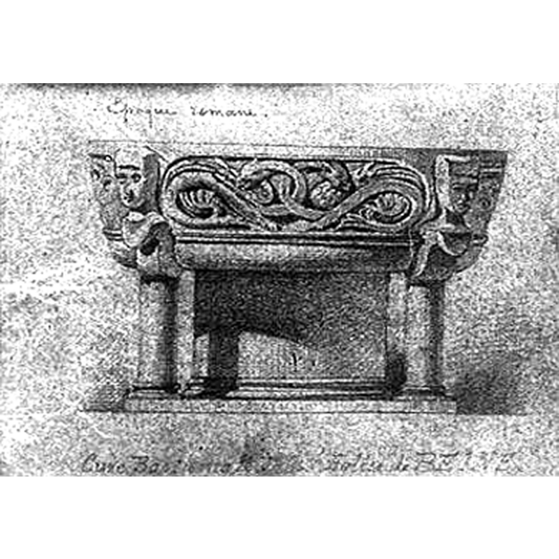 Source caption: "Dessin, ancienne cuve baptismale [...] Négatif noir et blanc ; gélatino-bromure ; support verre [...] Image numérique provenant d'un vidéodisque (qualité médiocre)"