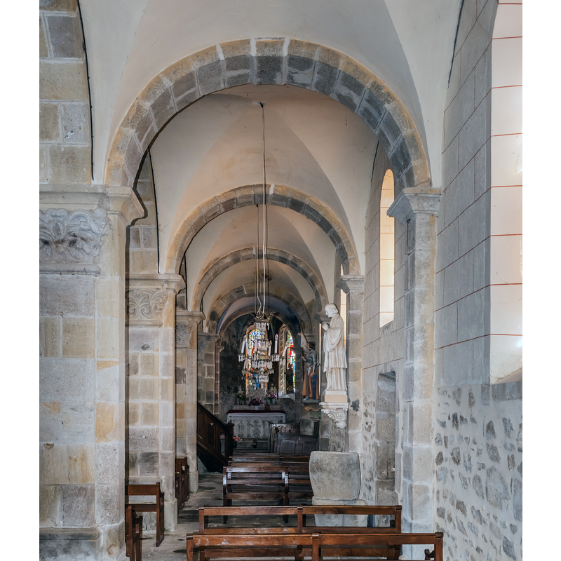 Source caption: "  Interior of the Saint Thomas church in La Petite-Marche, Allier, France" -- notice the large holy-water stoup on the right