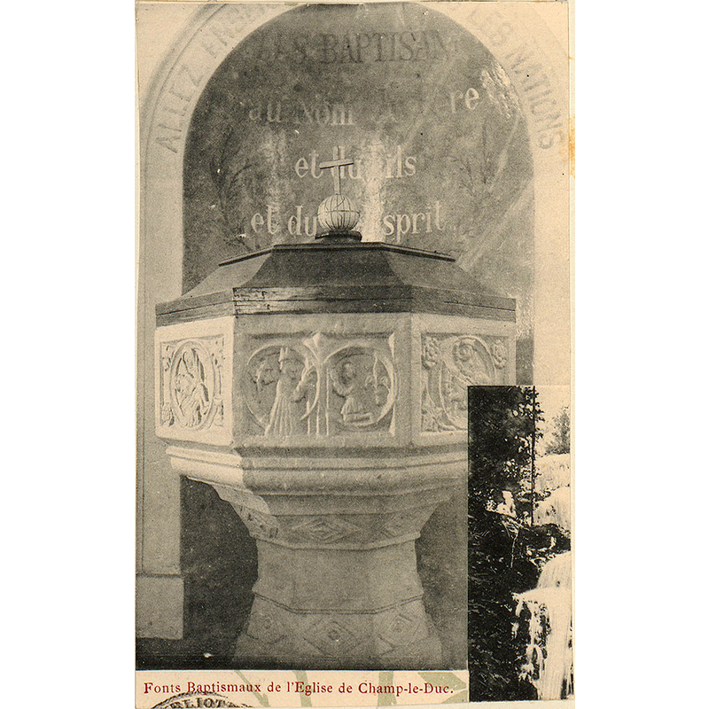 Source caption: "Carte postale représentant les fonts baptismaux de l'église de Champ-le-Duc [...] between 1880 and 1945"