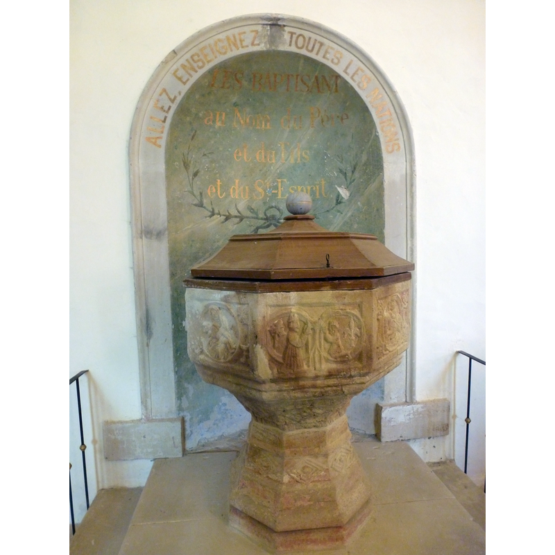 Source caption: "Baptistère de l’église Notre-Dame de l’Assomption de Champ-le-Duc (Vosges, Lorraine, France)."